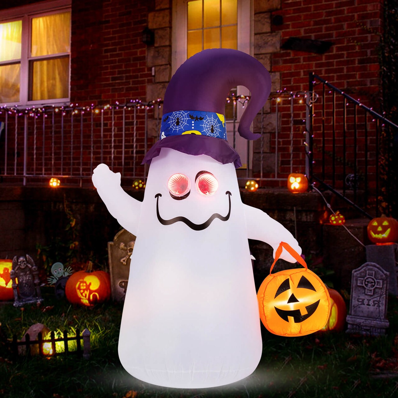 Costway 6 Ft Halloween Inflatables Cute Ghost with Jack-O-Lantern & Witch Hat